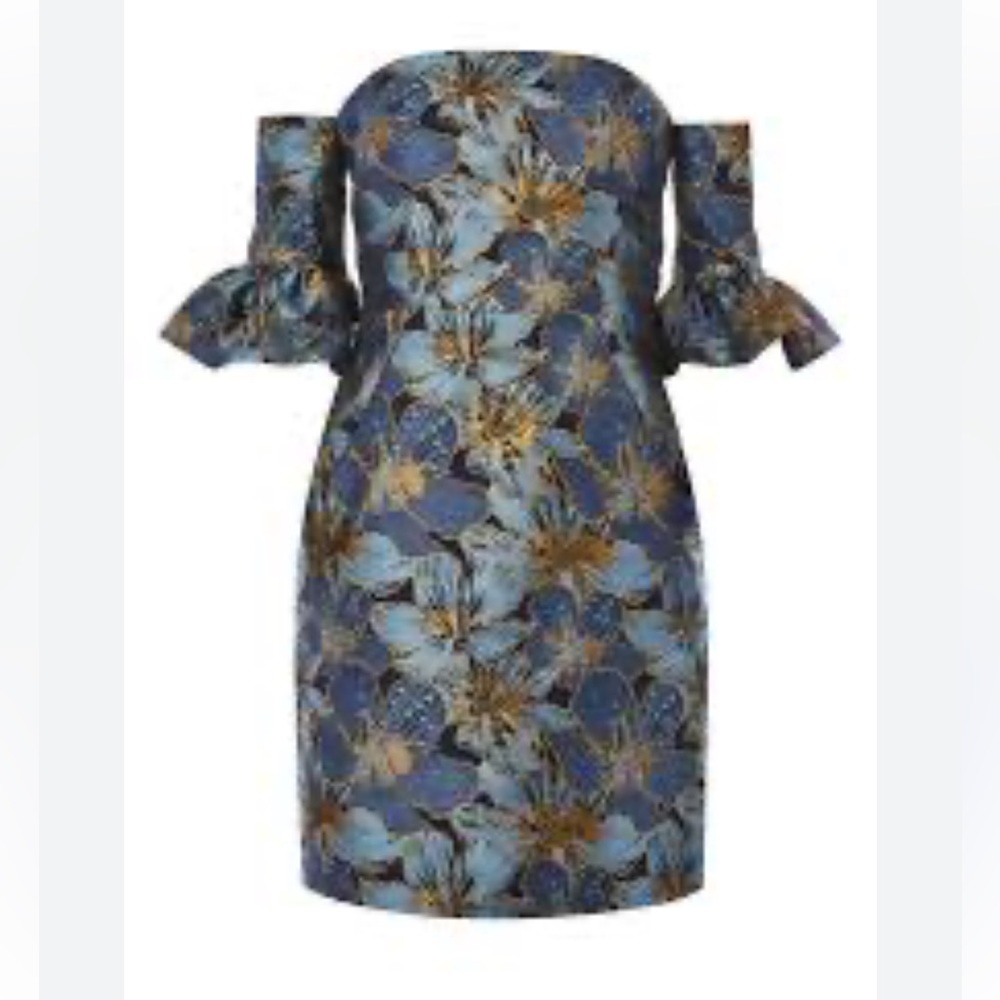 Topshop 6  Bardot mini dress with flute sleeves. Blue floral jacquard with gold.